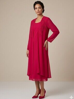 GILANI Vintage Sleeveless Layered Lined Shift Dress with Beaded Chiffon Jacket